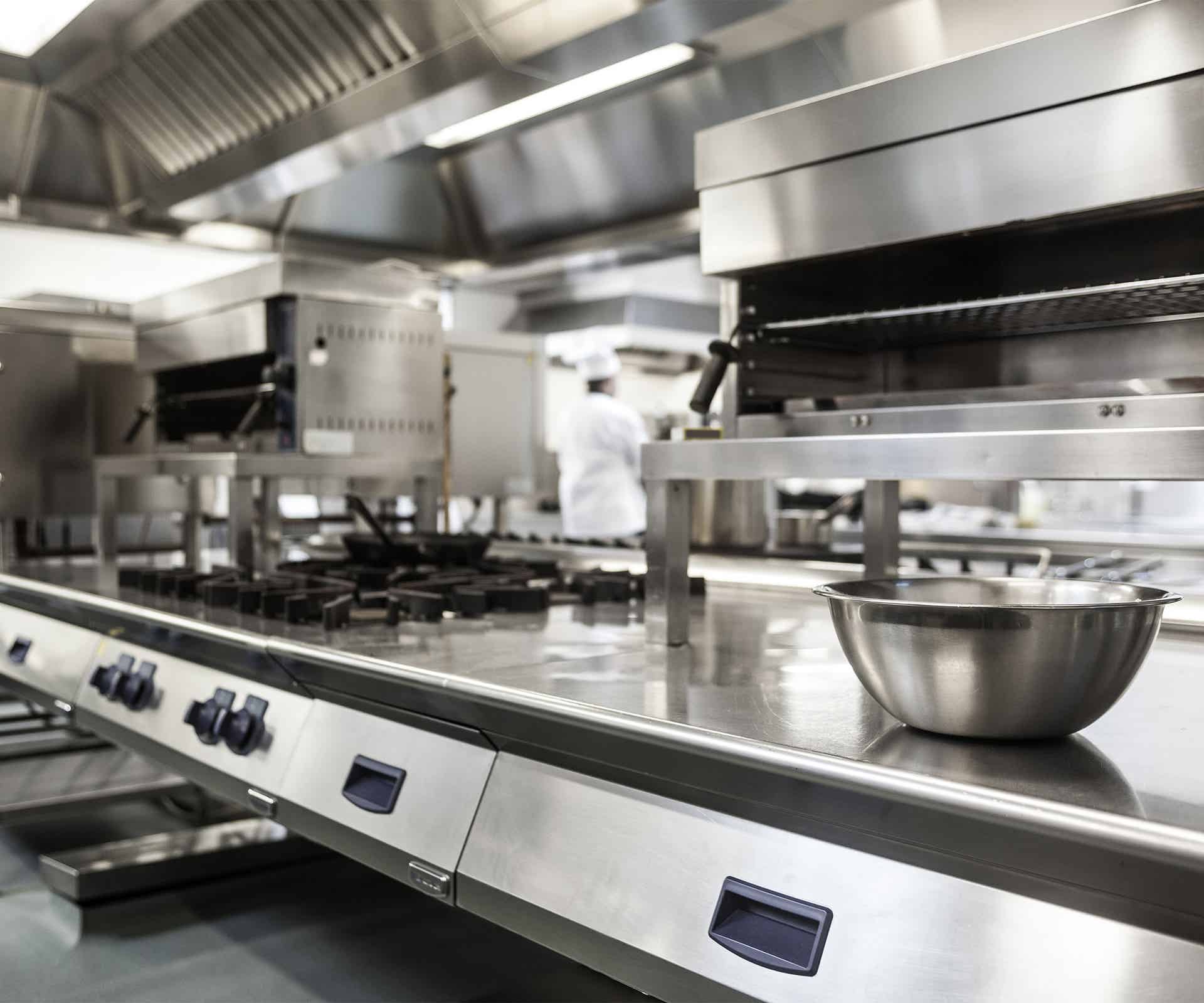 A large commercial food service kitchen